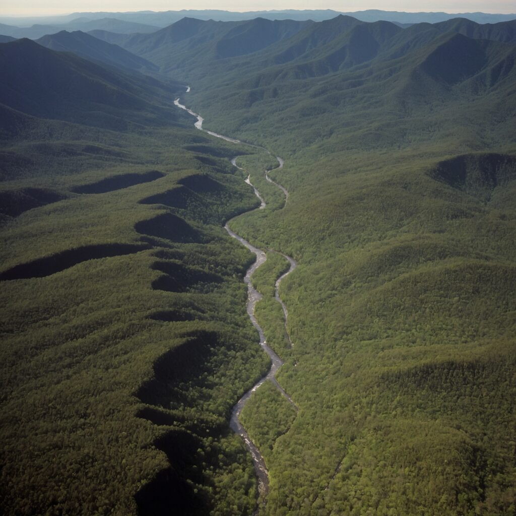 Aerial photograph of dense forests, winding rivers, and Nakoma Mountain in the background.