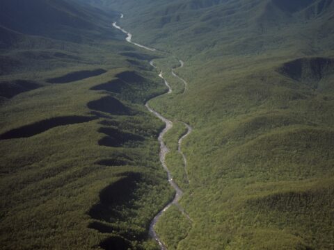 Aerial photograph of dense forests, winding rivers, and Nakoma Mountain in the background.