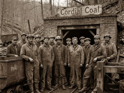 Group of rugged coal miners in sooty coveralls standing by a brick mine entrance.