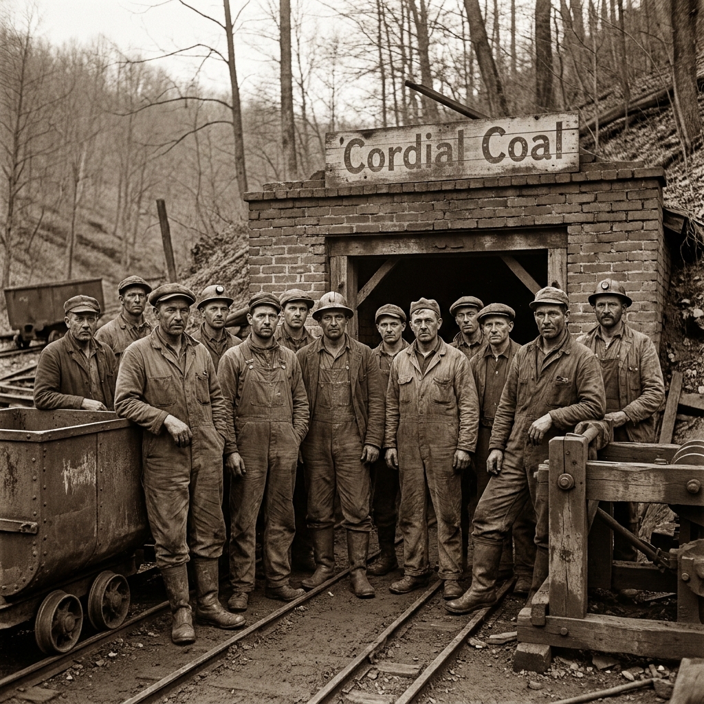 Group of rugged coal miners in sooty coveralls standing by a brick mine entrance.