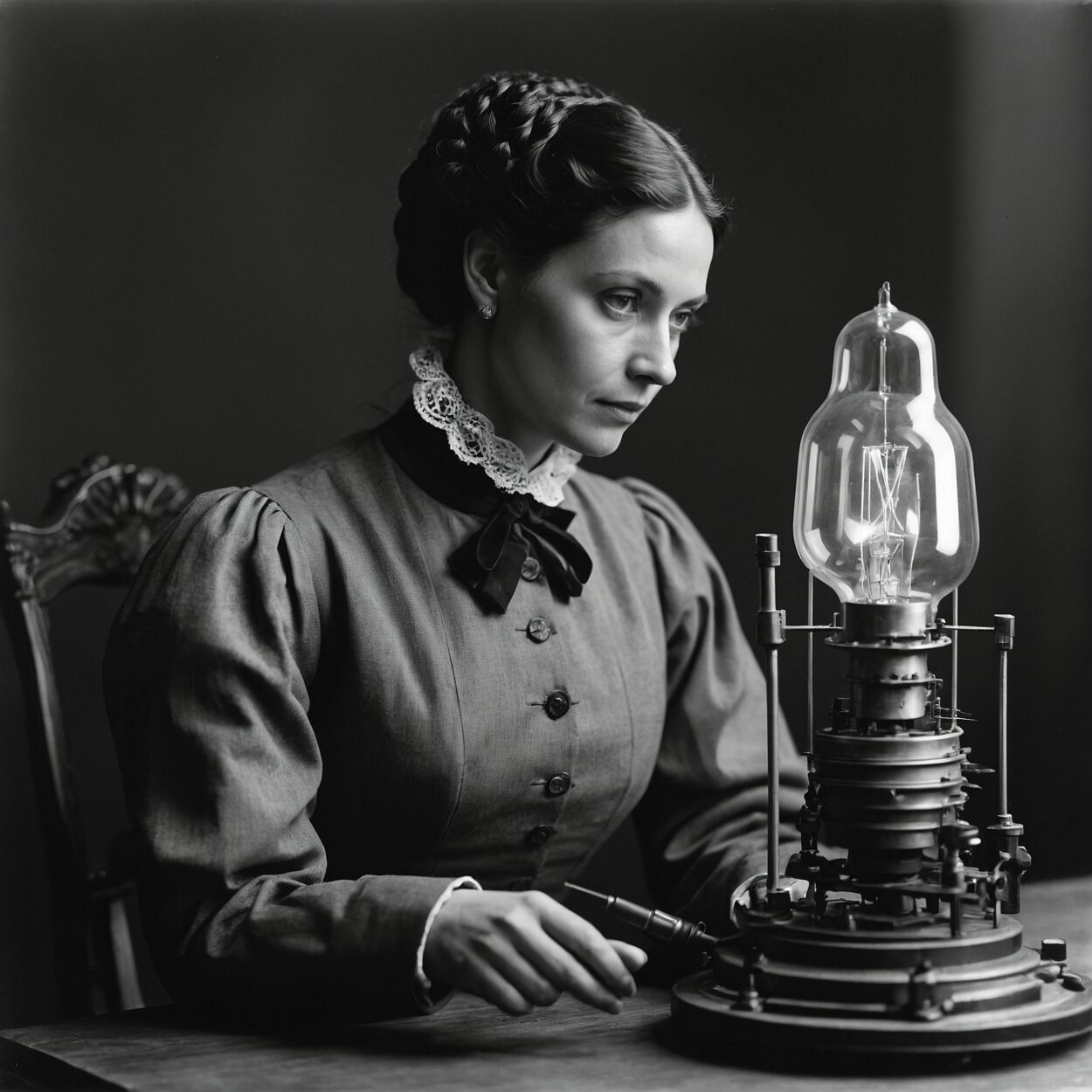 Portrait of Alessa d’Poitiers building a Lessa Light at a wooden table.