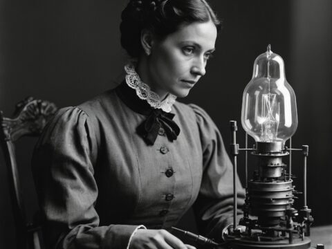 Portrait of Alessa d’Poitiers building a Lessa Light at a wooden table.
