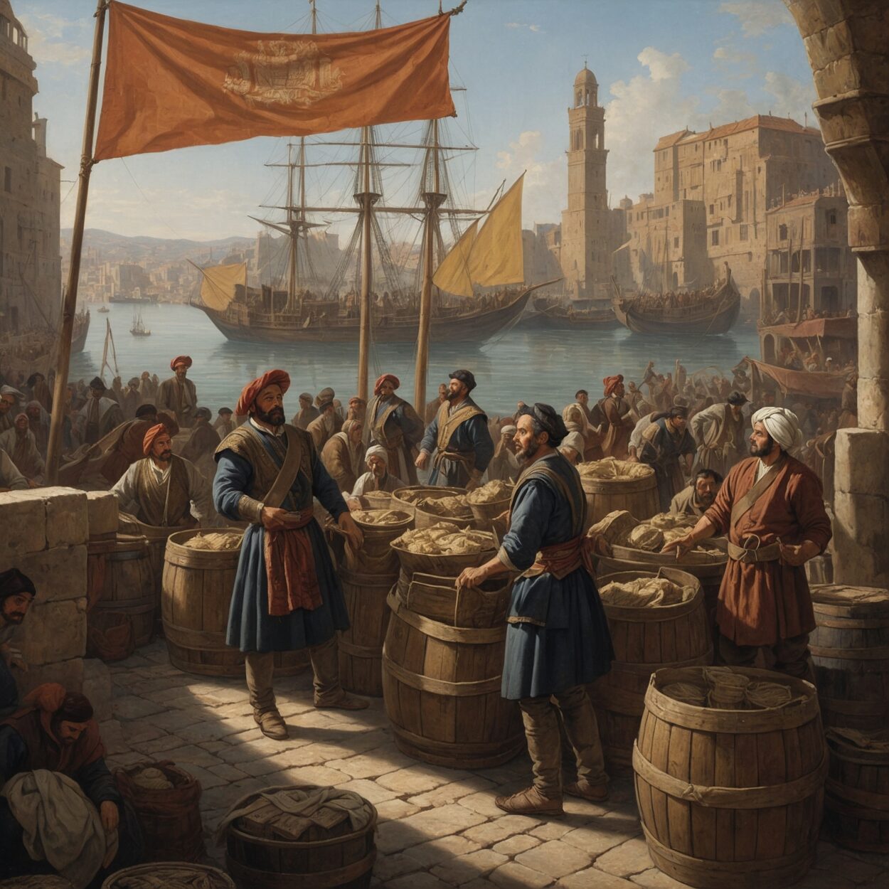Engraved illustration of merchants and officials in a busy port city after conquest.