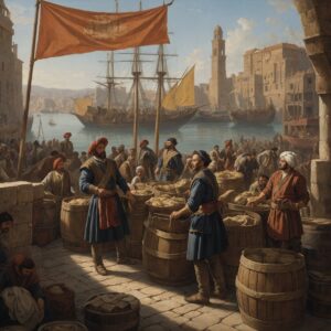 Engraved illustration of merchants and officials in a busy port city after conquest.