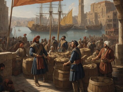 Engraved illustration of merchants and officials in a busy port city after conquest.