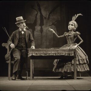 Sepia photo of two puppeteers operating Victorian marionettes on a detailed puppet theater stage.