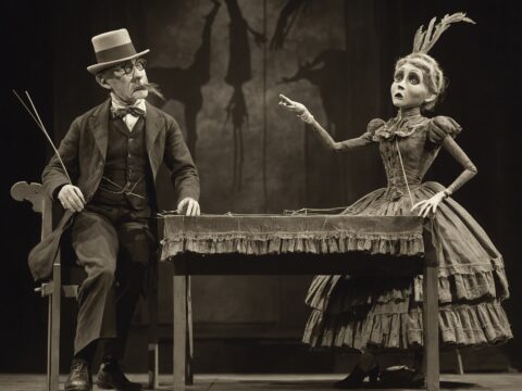 Sepia photo of two puppeteers operating Victorian marionettes on a detailed puppet theater stage.