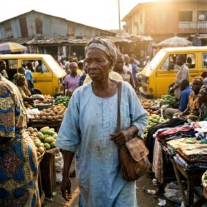 Older West African nun in blue habit moving quietly through a sunlit Lagos market.