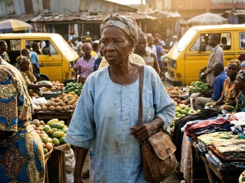 Older West African nun in blue habit moving quietly through a sunlit Lagos market.