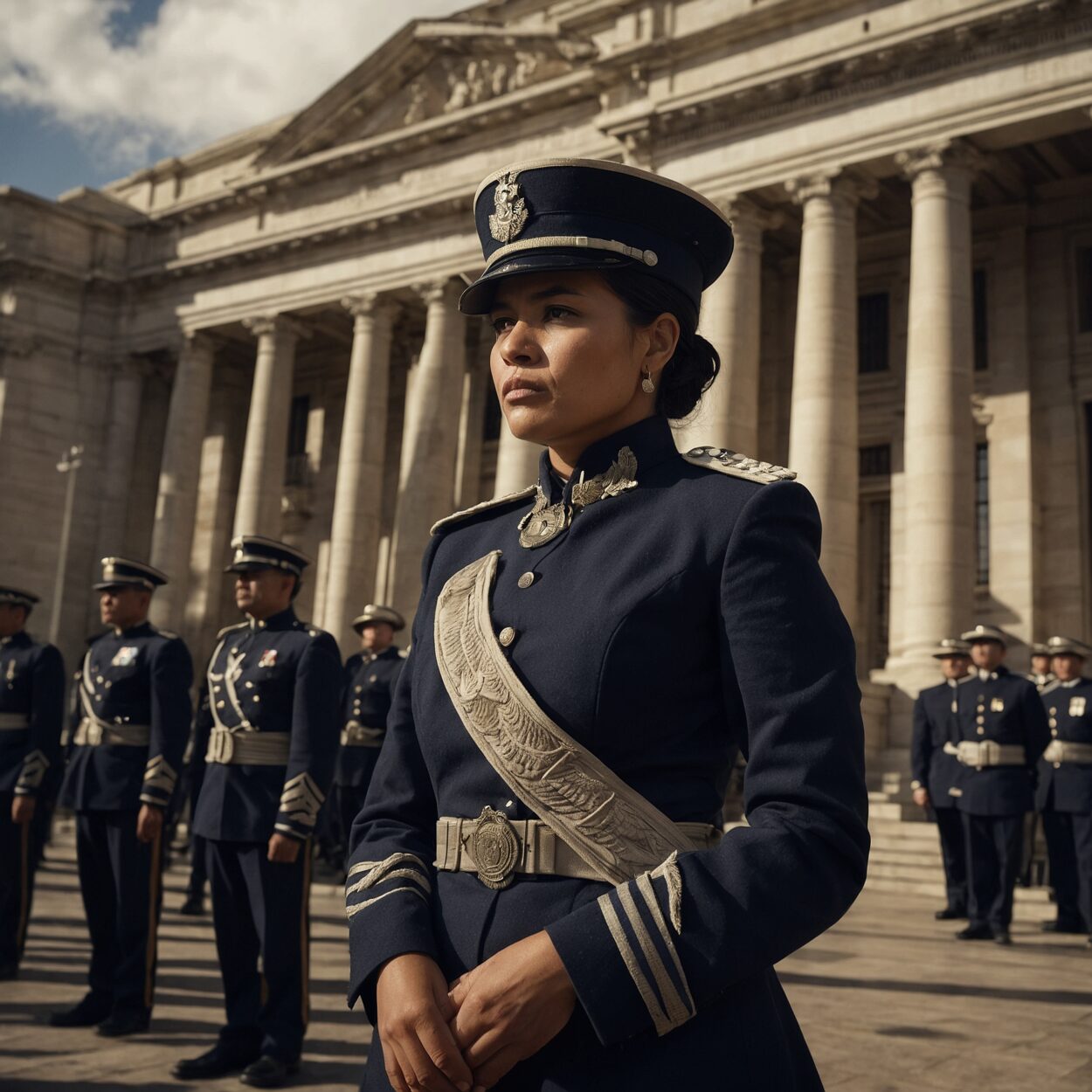 First Order A female officer addresses rows of First Order soldiers in blue uniforms before a grand building.