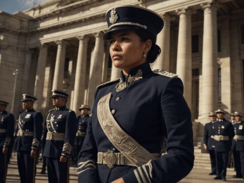 First Order A female officer addresses rows of First Order soldiers in blue uniforms before a grand building.