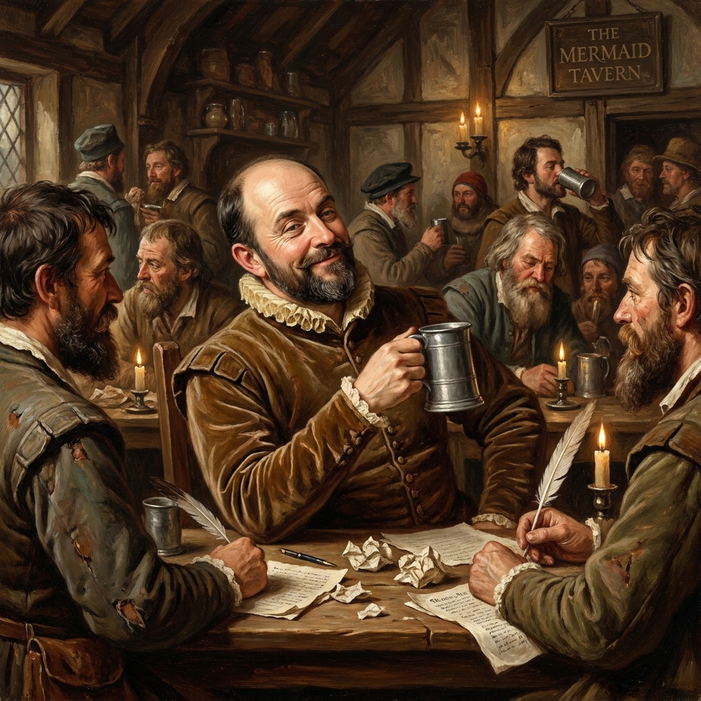 Shakespeare in a 16th-century aubergue, raising a mug amid patrons and manuscripts.