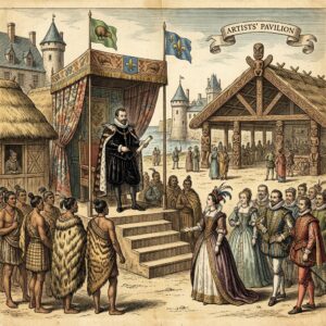 Shakespeare in velvet robes performs for Māori chiefs, French courtiers, and an Empress in a grand pavilion.