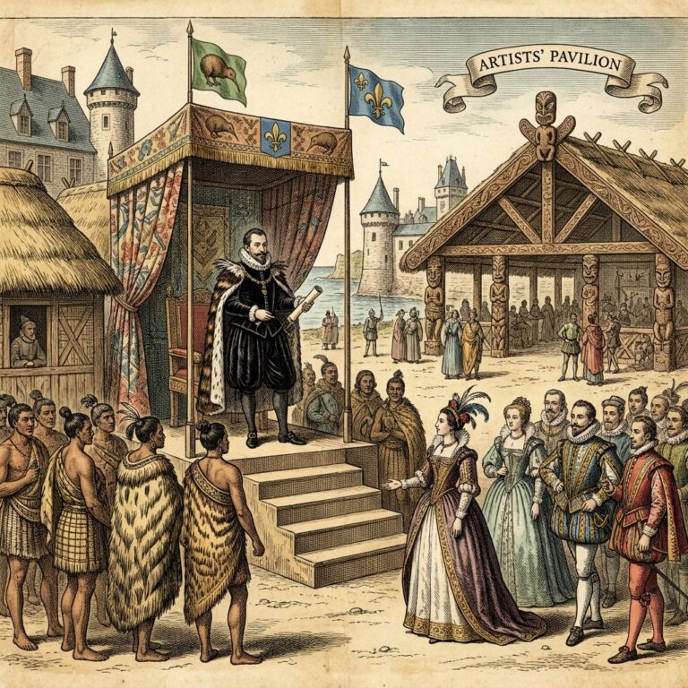 Shakespeare in velvet robes performs for Māori chiefs, French courtiers, and an Empress in a grand pavilion.