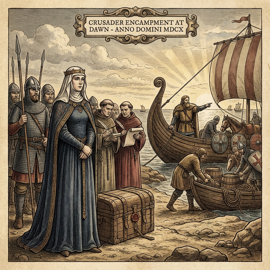 A noblewoman in blue with knights and clerks near a Viking ship at dawn.