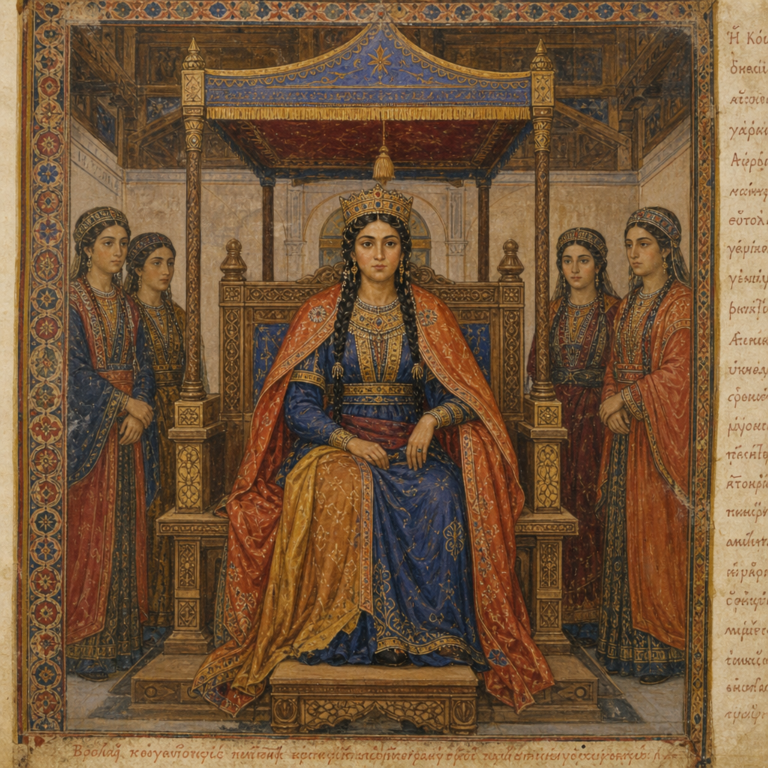 Young empress with olive-brown skin and braided hair seated on a throne in medieval court.