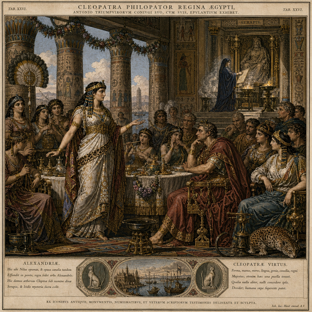 Seventeenth-century engraving of Cleopatra at a lavish banquet with Roman and Egyptian figures.