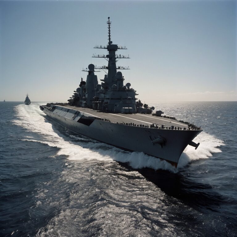 Large Australian battleship with gray hull and gun turrets sailing at sea.