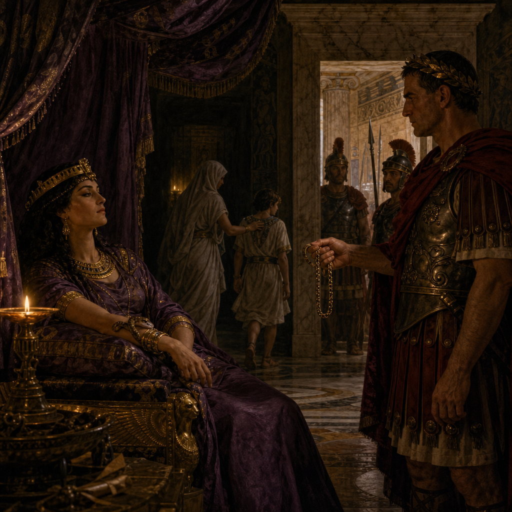 Cleopatra in regal attire with an asp, Roman ruler, guards, and escaping priestess and boy.