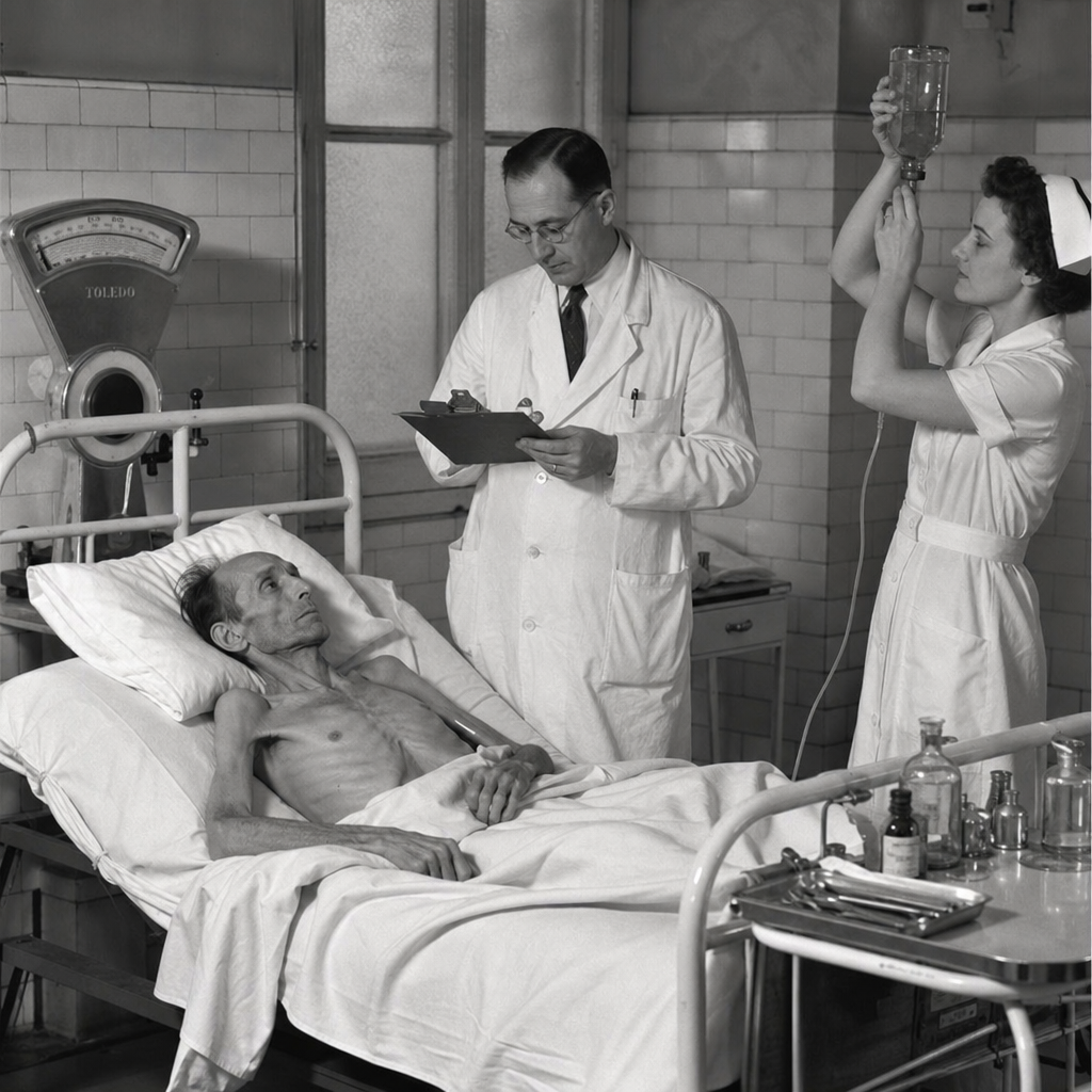 Emaciated patient in bed with doctor and nurse in a 1950s hospital setting.