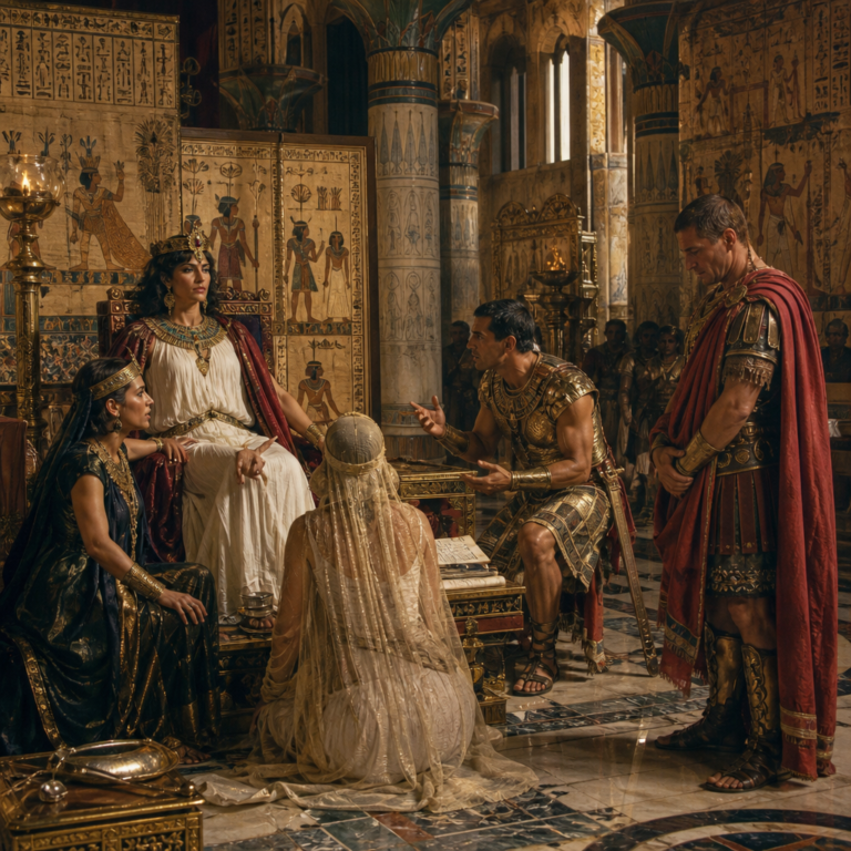 Egyptian queen Cleopatra sits in council with advisors and a Roman commander in a grand palace.