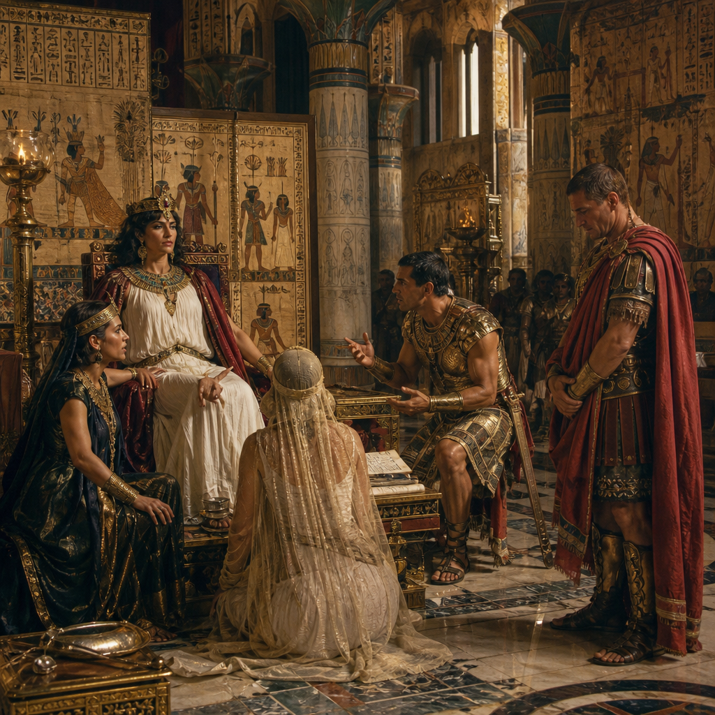 Egyptian queen Cleopatra sits in council with advisors and a Roman commander in a grand palace.