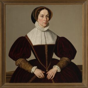 Northern Renaissance-style painting of Marguerite de Martel in merchant attire with trade items.