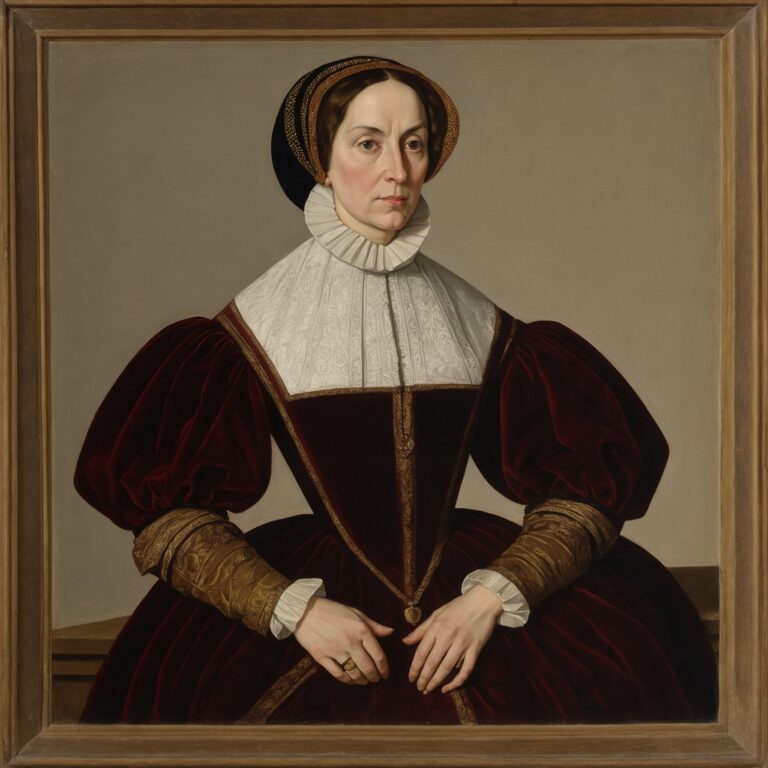 Northern Renaissance-style painting of Marguerite de Martel in merchant attire with trade items.