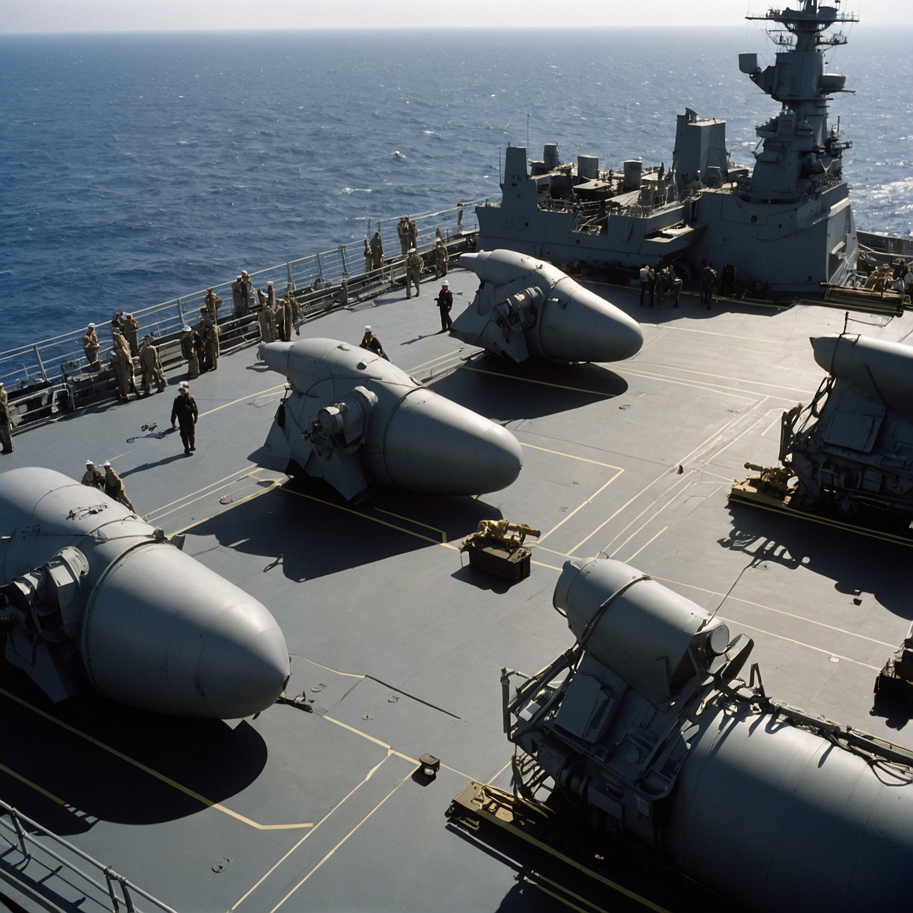 Crew in navy coveralls examine large anti-aircraft cannons on a battleship deck in daylight.