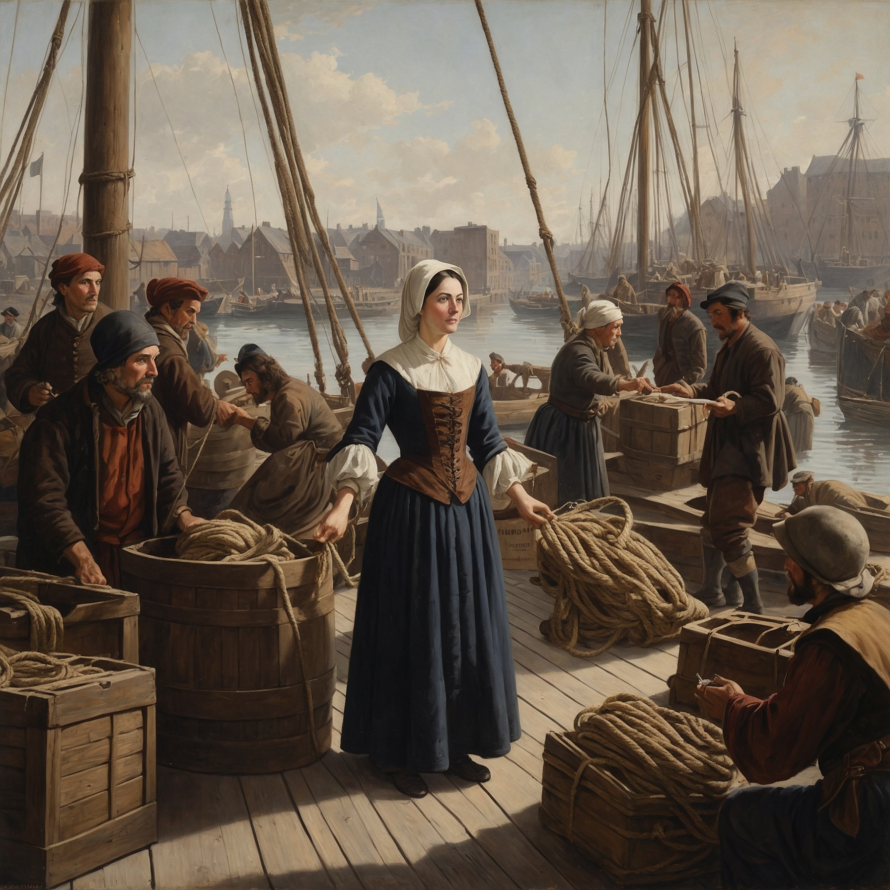 Marguerite de Martel directing dockworkers on a busy sixteenth-century London wharf.